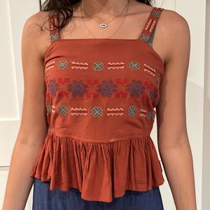 Embroidered patterned orange flare tank top